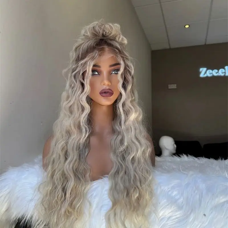 White wig ombré black on roots lace front middle part wavy layered Dark Roots Silver Ombre Wavy Large Lace Front Wig Fourth  main image 2