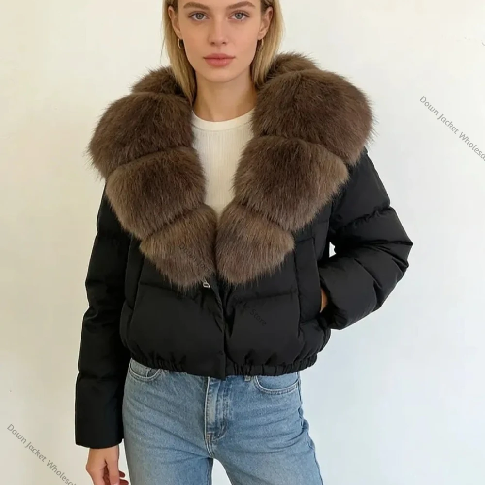 Faux Fur Collar Puffer Jacket Fashion Fake Fur Women Fur Coat Eco-friendly Winter Short White Duck Down Jacket Warm Clothing