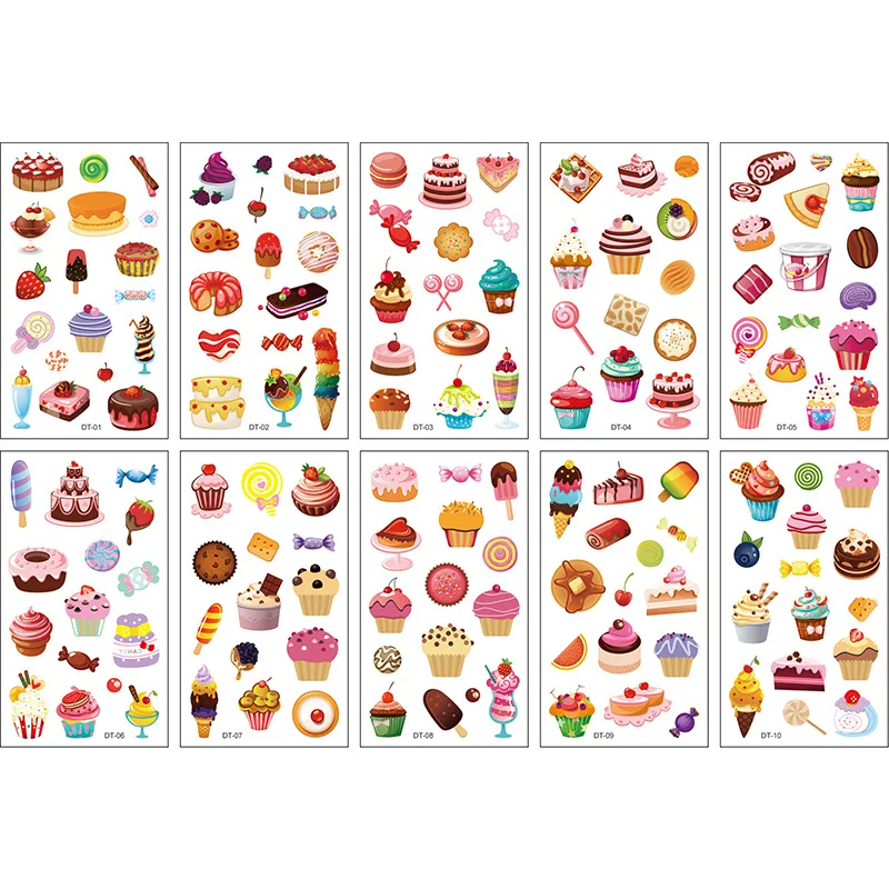 10 Pack Fake Tattoo Stickers Cartoon Temporary Tattoos Kids Arm Tattoos Kids Dessert Cake Fun Party Tattoo Stickers