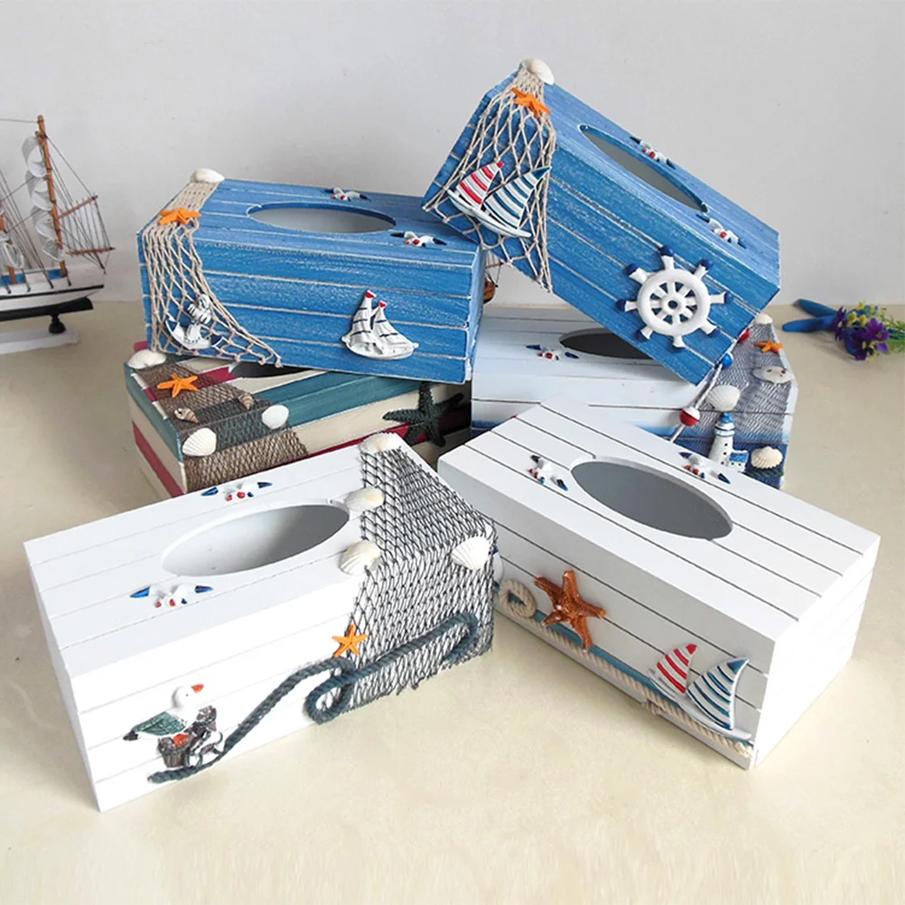 

1Pcs Decorative Wooden Tissue Box Mediterranean Style Storage Organizer for Home Office Living Room Blue Sailboat
