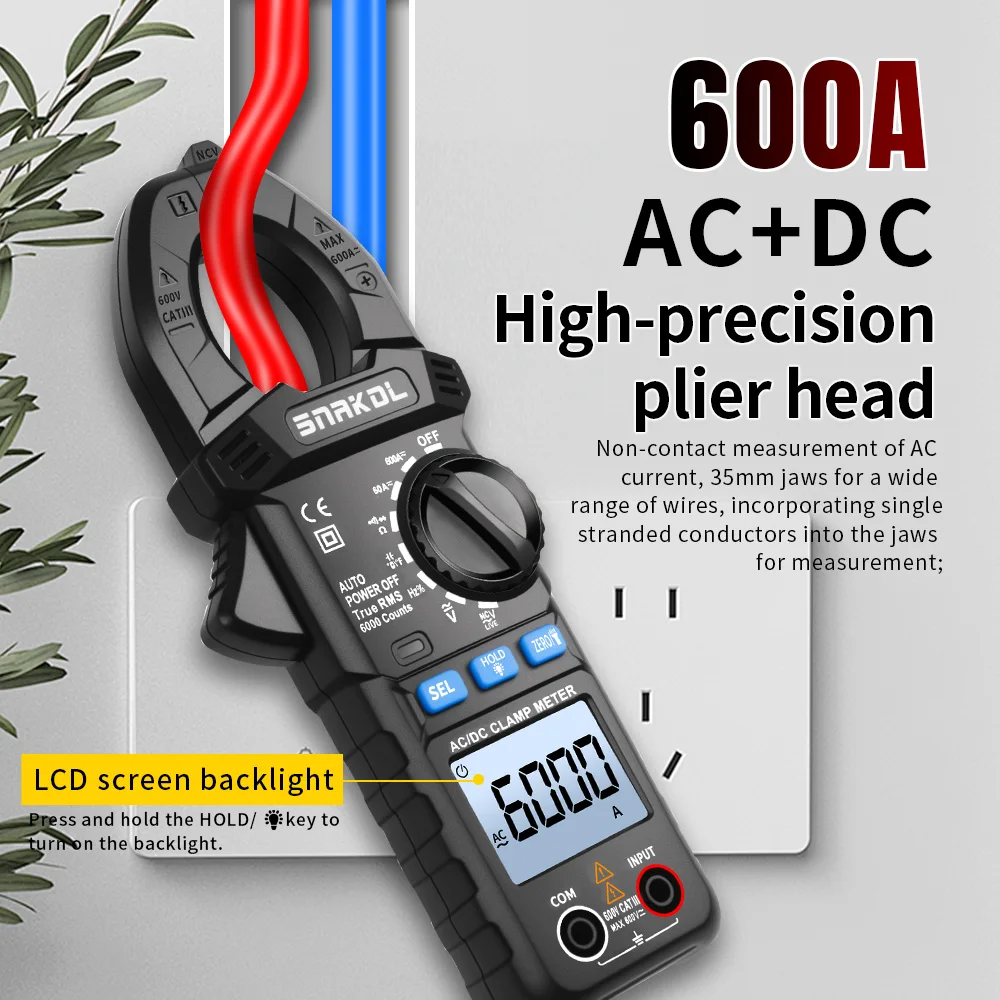 SNAKOL SK-203 Intelligentes Zangenmessgerät 600A AC/DC Strom/RMS 35mm Großer Durchmesser Zangenkopf Hintergrundbeleuchtung + Taschenlampe Doppelte Beleuchtung – Detail 8