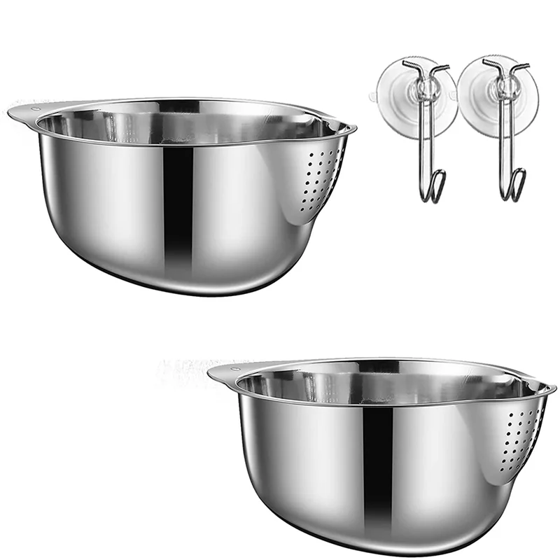 

ABUH-2 Pack Stainless Steel Rice Washing Bowls,Sieve For Washing Rice And Vegetables,Vegetables,With Stable Adhesive Hook