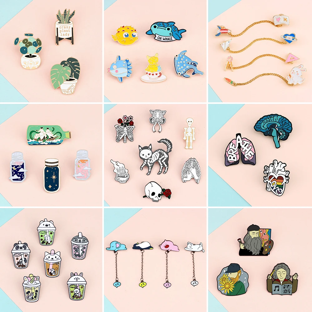 3-7Pcs/Set Medical Brain Heart Enamel Pins Bubble Milk Tea Potted Plants Brooches Animal Skull Lapel Badge Gift for Kids Friends