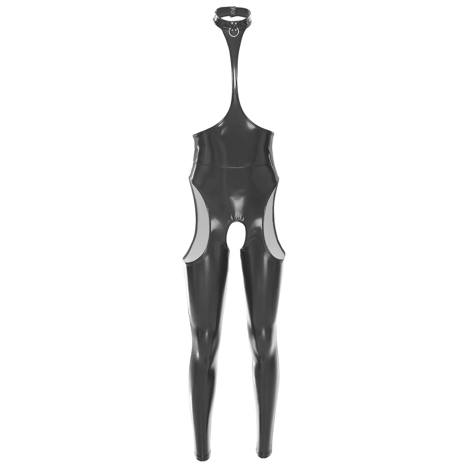 

Womens Hot Patent Leather Shiny Metallic Halter Hollow-out Jumpsuit Leotard Perforated for Party Club Role Play Cosplay Dance