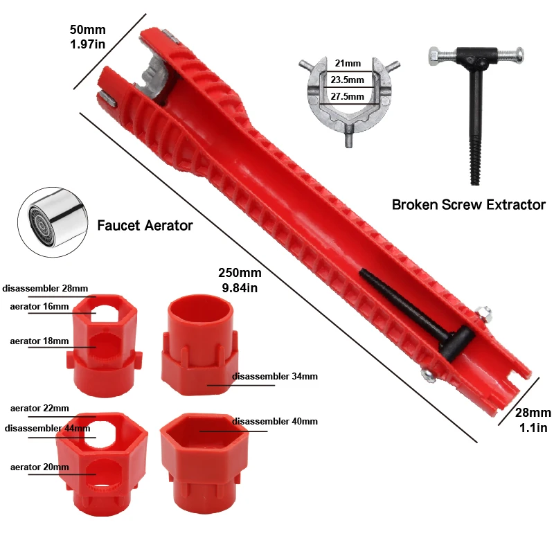 14-in-1 Sink Wrench Multi-function Faucet Wrench Broken Screw Extractor Spirit Level Heavy Duty Bathroom Plumbing Tool