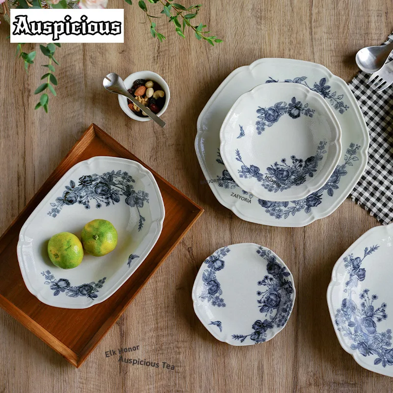 ZAEYORIA French-style Classical Rose Ceramic Serving Plate Food Plate Sharing Plate Dish Sashimi Steak Pasta Tray Hotel Cutlery