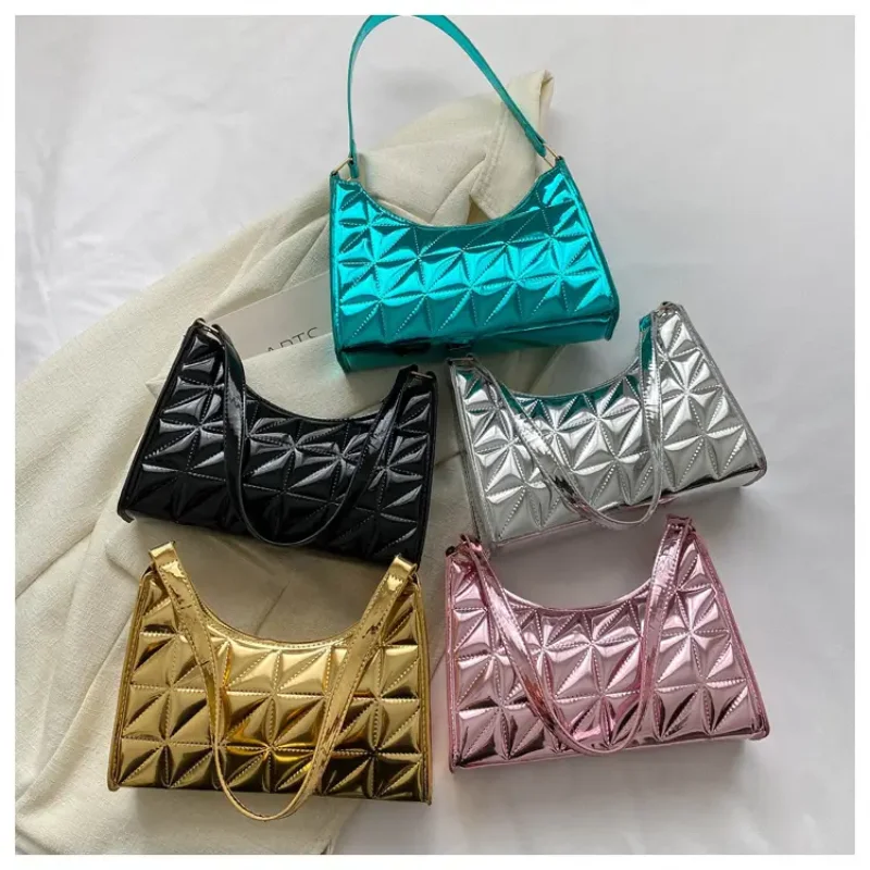 Glossy Quilted Shoulder Bag, Metallic Color Underarm Purse, Stylish Handbag For Women