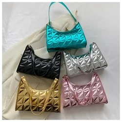 Glossy Quilted Shoulder Bag, Metallic Color Underarm Purse, Stylish Handbag For Women