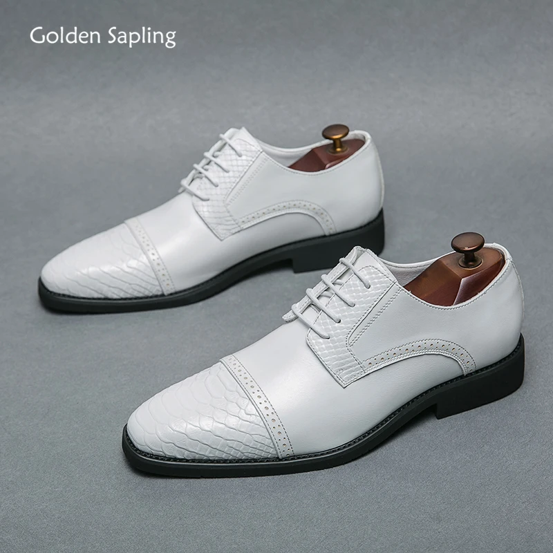 Golden Sapling Wedding Shoes for Men Fashion White Leather Oxfords Men's Formal Shoes Casual Business Flats Dress Party Footwear