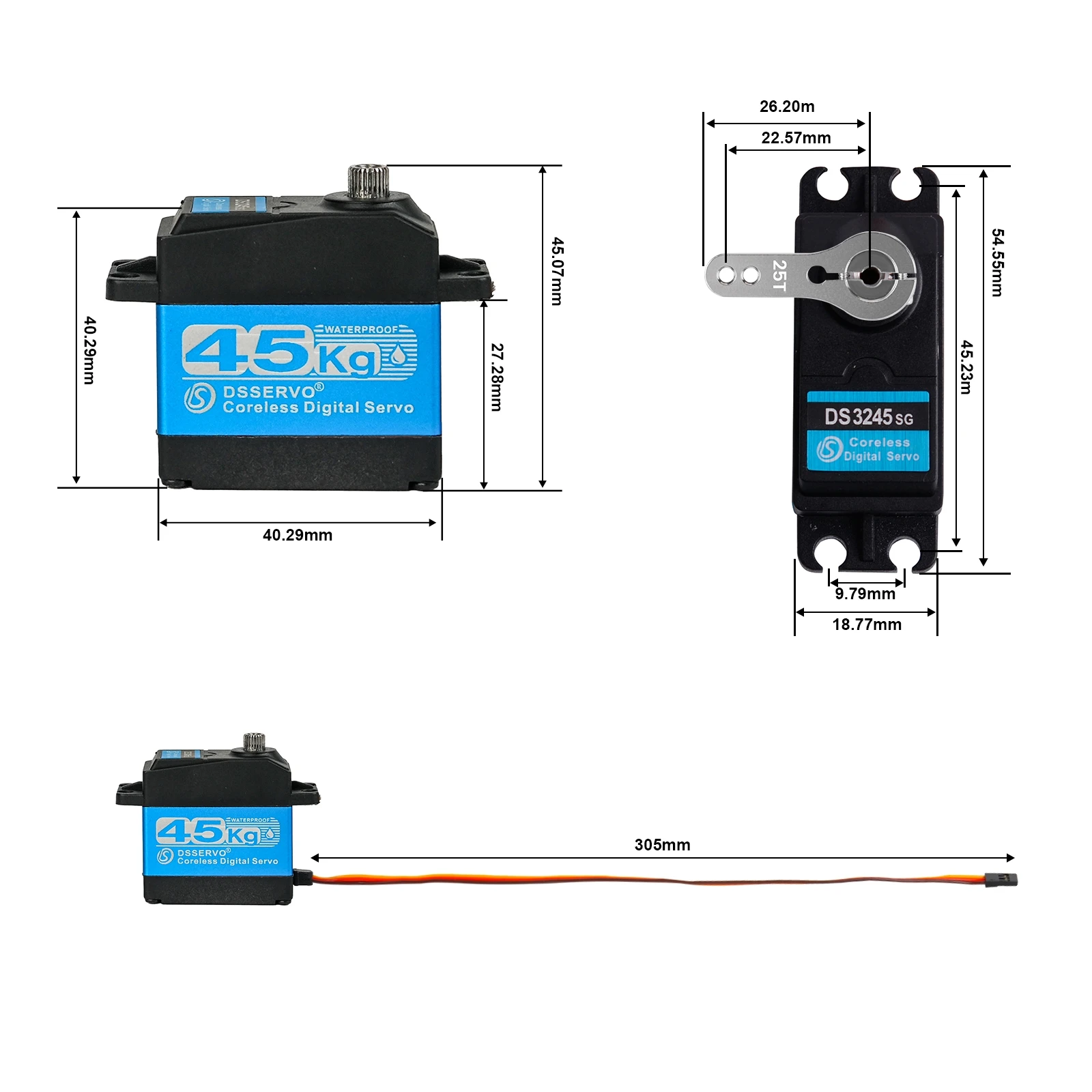 

DS3245 45KG Digital Servo Motor Coreless Metal Gear IP66 Waterproof 180 270 Degree with 25T Arm for 1/8 1/10 RC Car Baja Robot