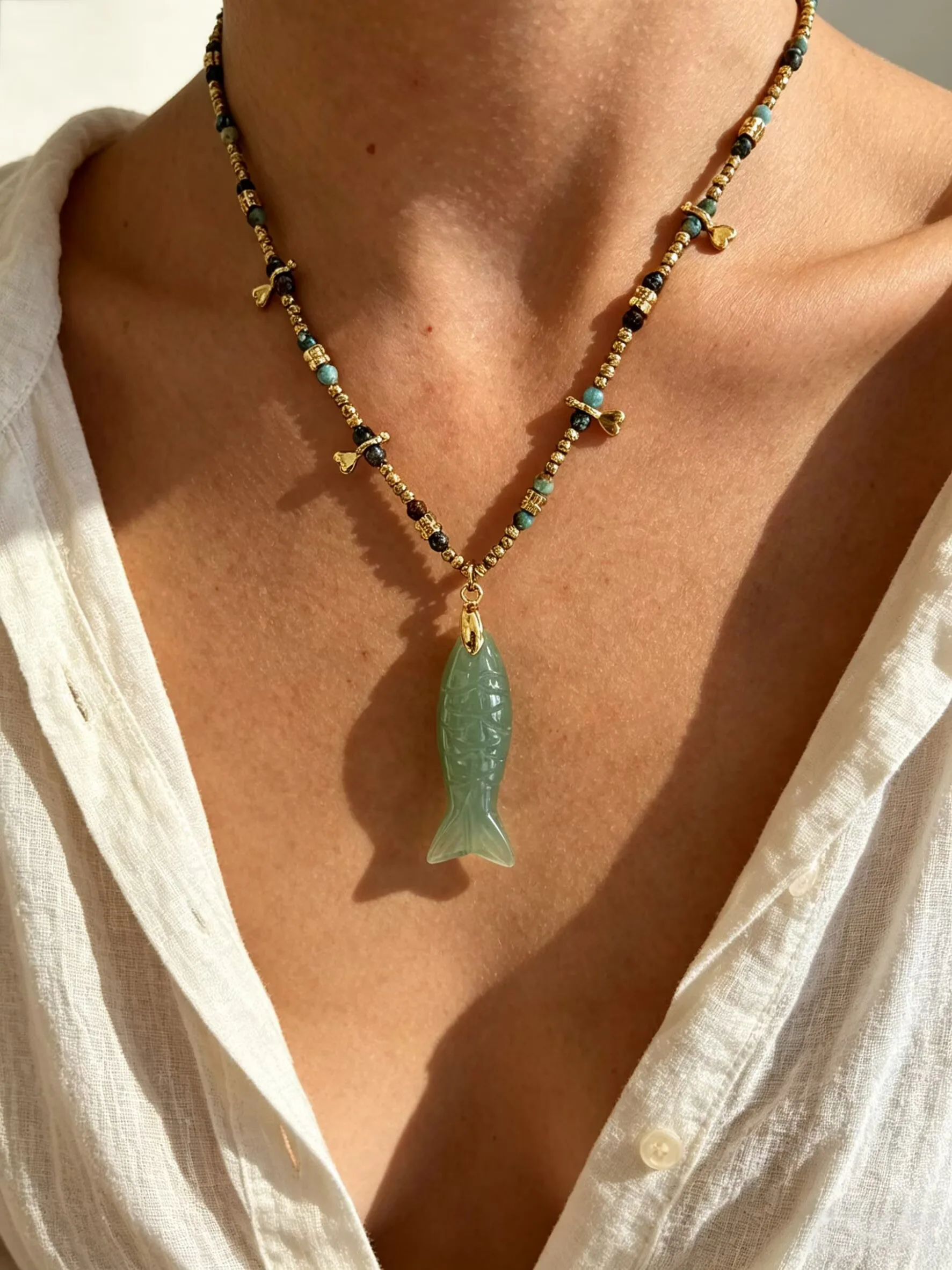 Colar de Contas Artesanal Feminino Peri'sbox Estilo Oceano com Pingente de Pedra Natural Verde Dongling - Joia de Moda Requintada para Presente
