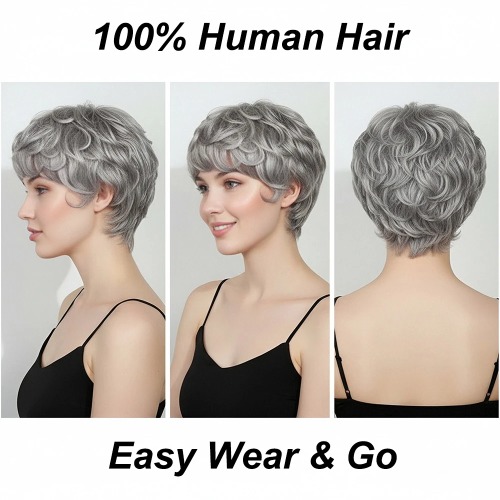 فضي رمادي البيض مجعد الباروكات قصيرة عابث قطع شعر مستعار مع الانفجارات قبل قطعها للنساء الشعر البرازيلي آلة صنع قبعة 100% الشعر البشري