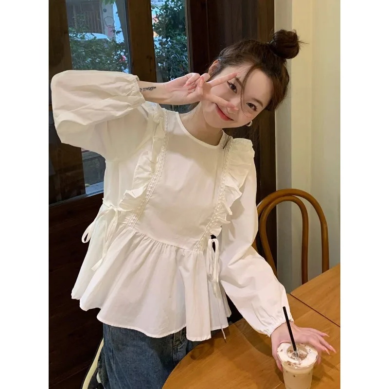 

QWEEK White Loose Sweet Blouses Woman Korean Lace Up Long Sleeve Shirt Summer Long Sleeve Clothes Casual Chic Aesthetic 2024