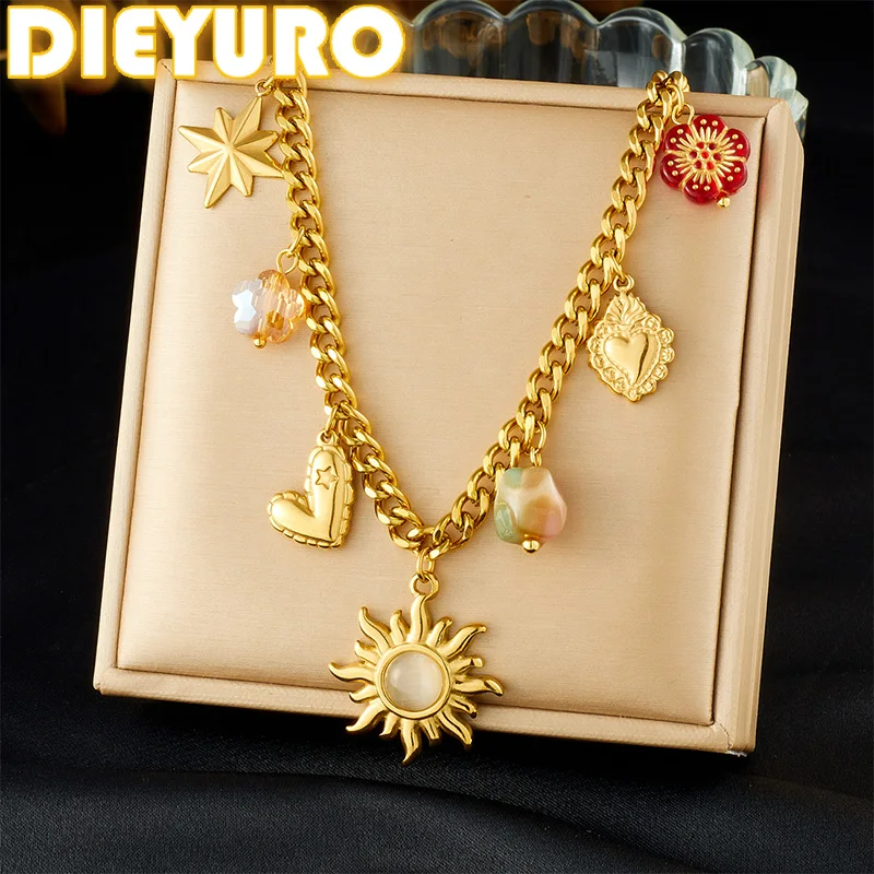 

DIEYURO 316L Stainless Steel Cat's Eye Inlay Sun Heart Crystal Flower Pendant Necklace Women New Fashion Neck Chain Jewelry