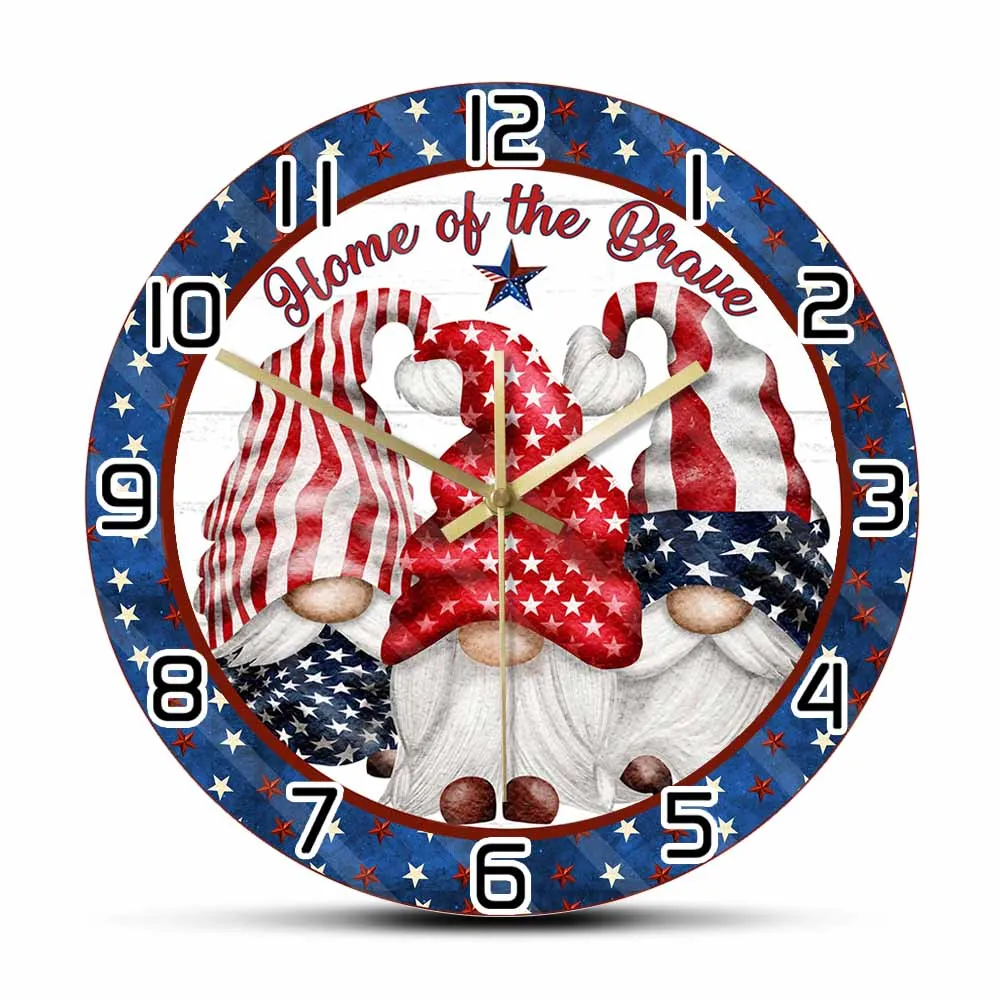 Home Of The Brave American Patriotic Wall Clock USA Gnome Freedom Artwork Decorative Silent Wall Watch Independence Day Gift