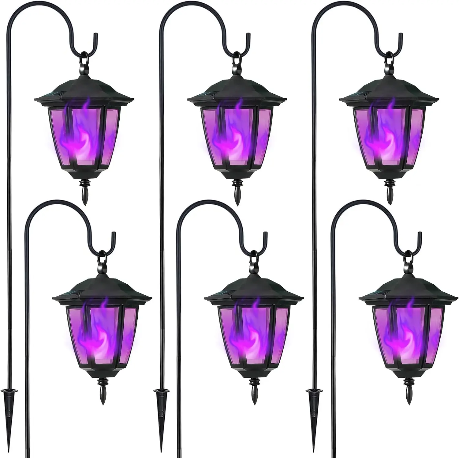 Outdoor Solar Flame Lantern Purple Set Hook Stake Garden Walkway Driveway Light