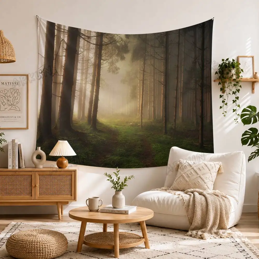 Cool Misty Mountain Forest Stream Wall Tapestry, Green Water Nature Landscape Backdrop for Bedroom Cottage Aesthetic Home Decor