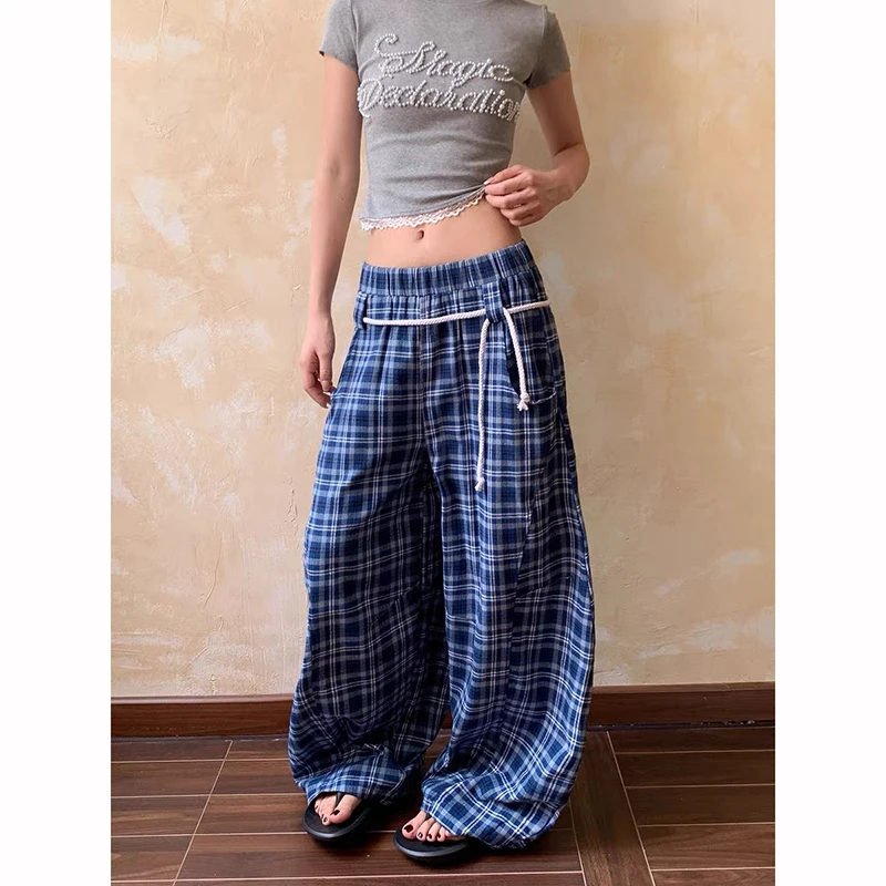 المرأة خمر الأزرق منقوشة السراويل الفضفاضة 2025 الخريف عادية Harajuku الجمالية 2000s Y2k عالية الخصر واسعة الساق السراويل كبيرة الحجم