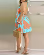 Womens Dresses Beach Halter Neck Tropical Leaf Print Sundress - Sky Blue