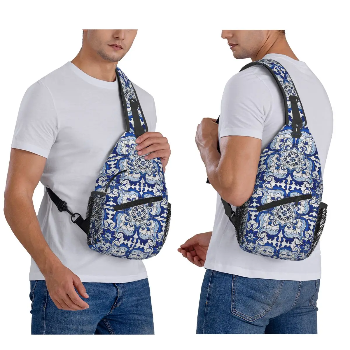 

Antique Classic Lisbon Blue Azulejo Tile Floral Chest Bag Men Sling Crossbody Backpack Chest Bag Traveling Daypack Shoulder Bag