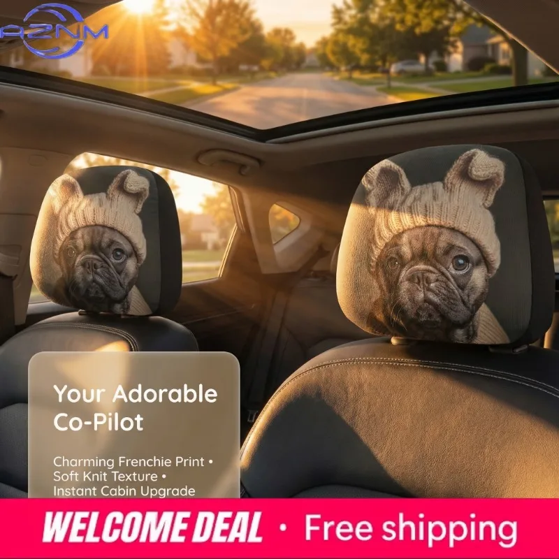 French Bulldog With Knit Hat Car Headrest Cover 2PCS, Universal Fit Auto Head Rest Protector, Car Inter