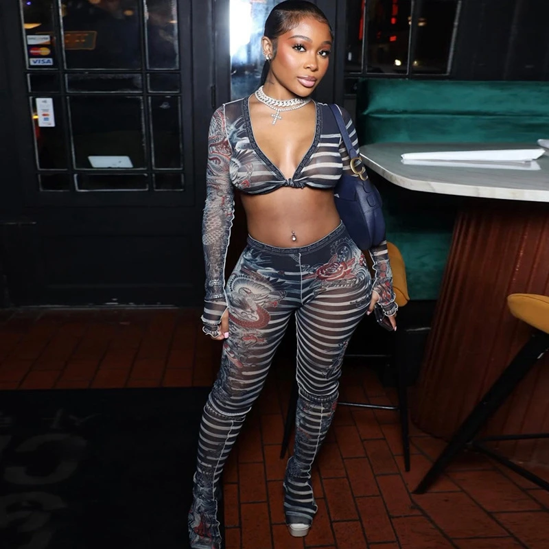 

STYLISH LADY Cartoon Letter Printed Mesh 2 Piece Set Women Long Sleeve Crop Top and Skinny Pant Sets 2025 Sexy Club Party Outfit