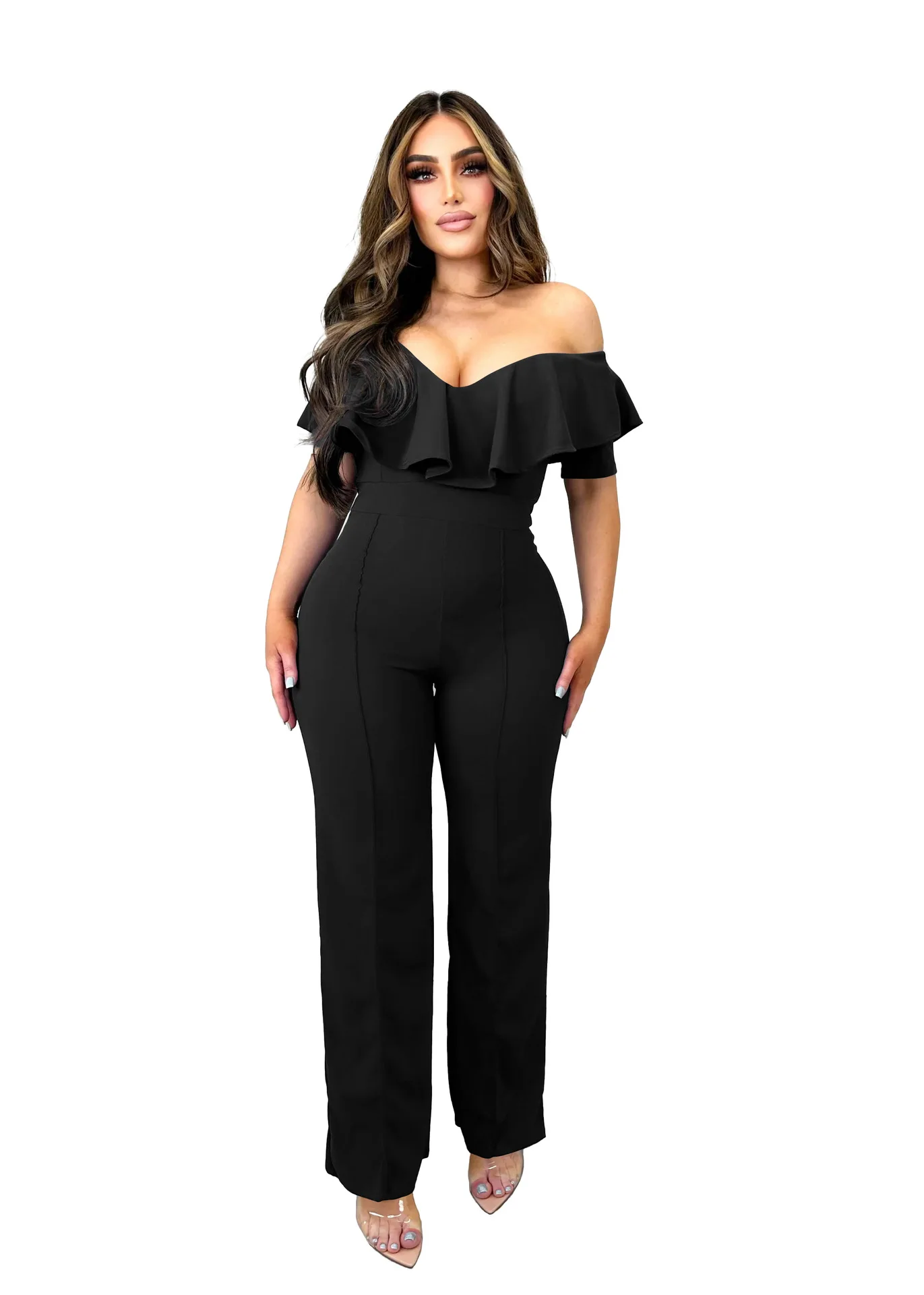 Uitwerpselen Elegante Ruches Mouwloze Zomer Wijde Pijpen Jumpsuit Sexy Off-Shoulder V-Hals Jumpsuits Club Overalls Beroemdheden Outfits