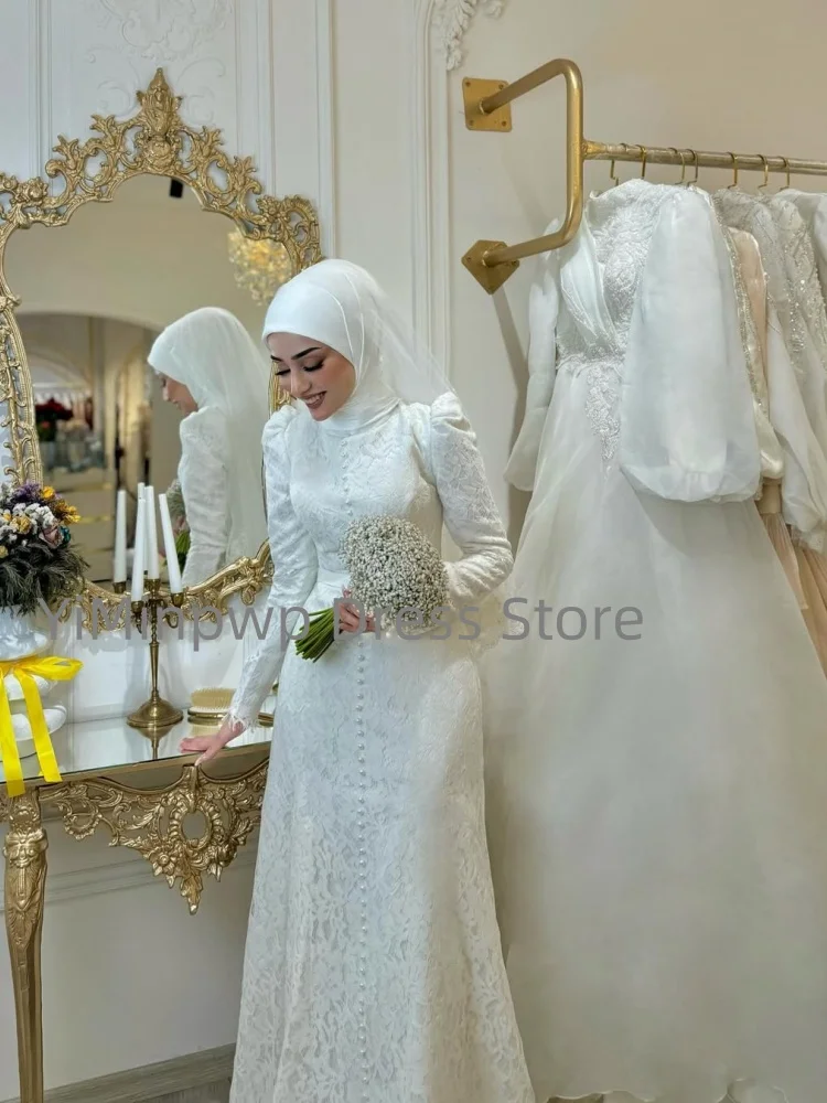 

Modest Muslim Weeding Dresses with Hijab High Nick Long Sleeve Mermaid Button Garden Lace Bridal Gown Customized robe de mariée