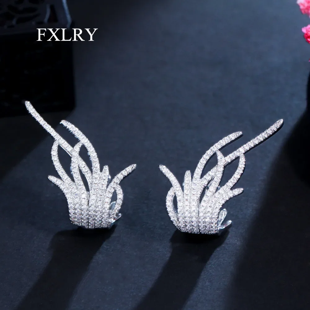 

FXLRY High Quality Micro Pave Cubic Zirconia Creative Wings White Color Plated Stud Earrings for Women Jewelry Gift