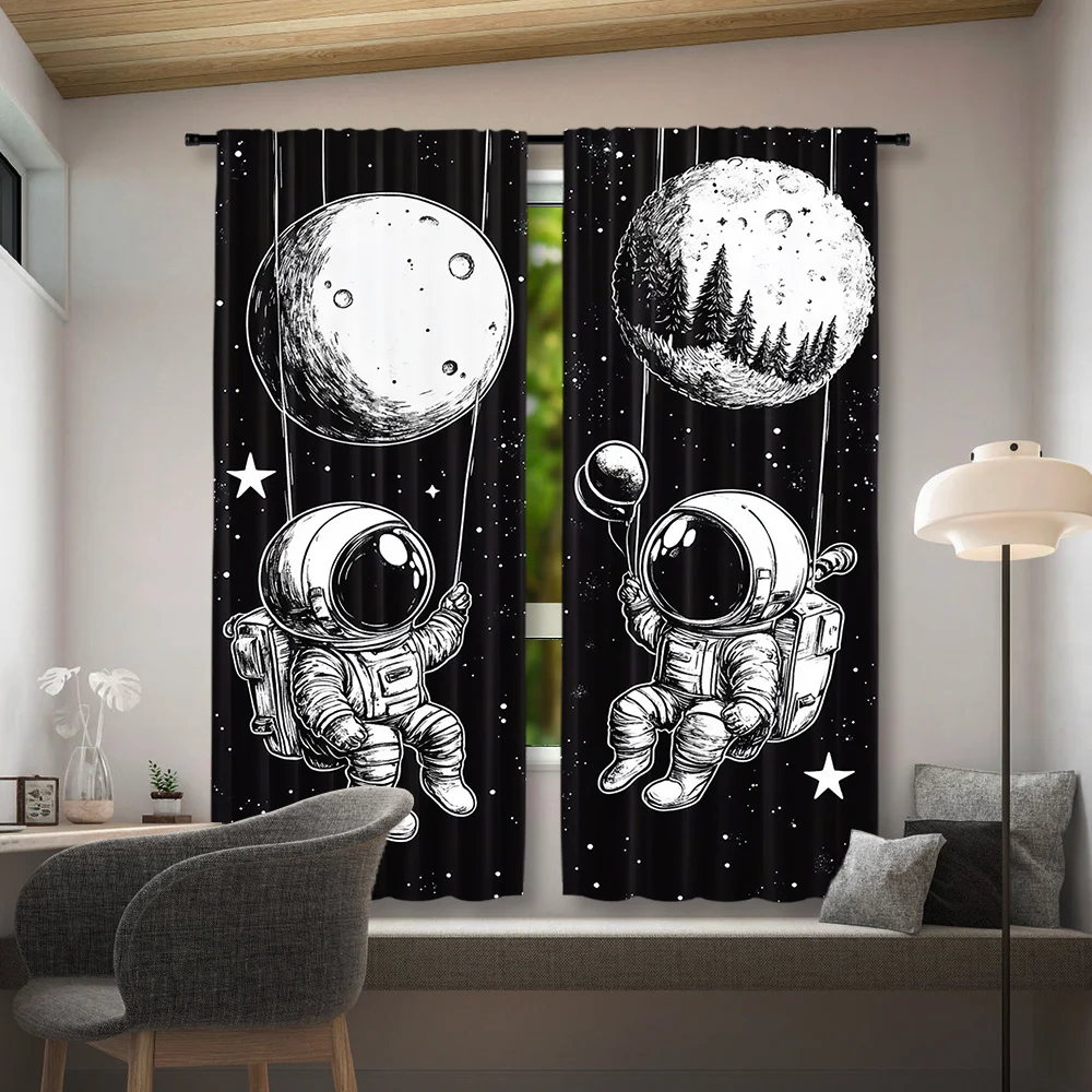Sketch Astronaut Moon Balloon Blackout Rod Pocket Curtain Starry Space Pine Decor Teen Homestay Bedroom Rest Bay Window
