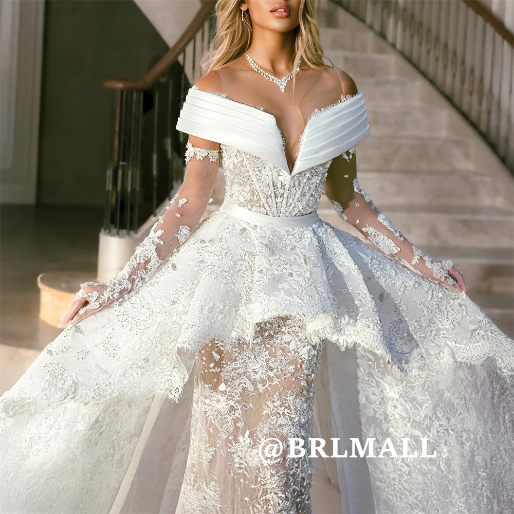 

Romantic Lace Wedding Dress for Women Sheer Neck Popular Bride Dresses with Detachable Lace Train Customized Lace Corset Bridal