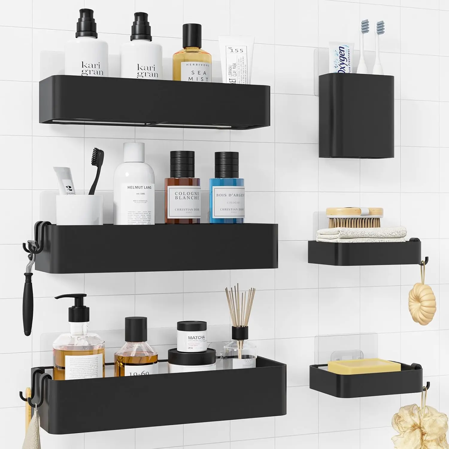 

Набор из 6 предметов: Органайзер для душа без сверления с держателем для мыла, подставкой для зубных щеток и крючками – Нержавеющий органайзер для ванной комнаты, черный