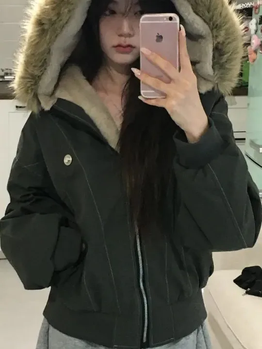 

Korean Faion Fur Collar Jaet Women's Cotton Workwear Loose Long Sve Sli Coat American Design Winter New Arrival