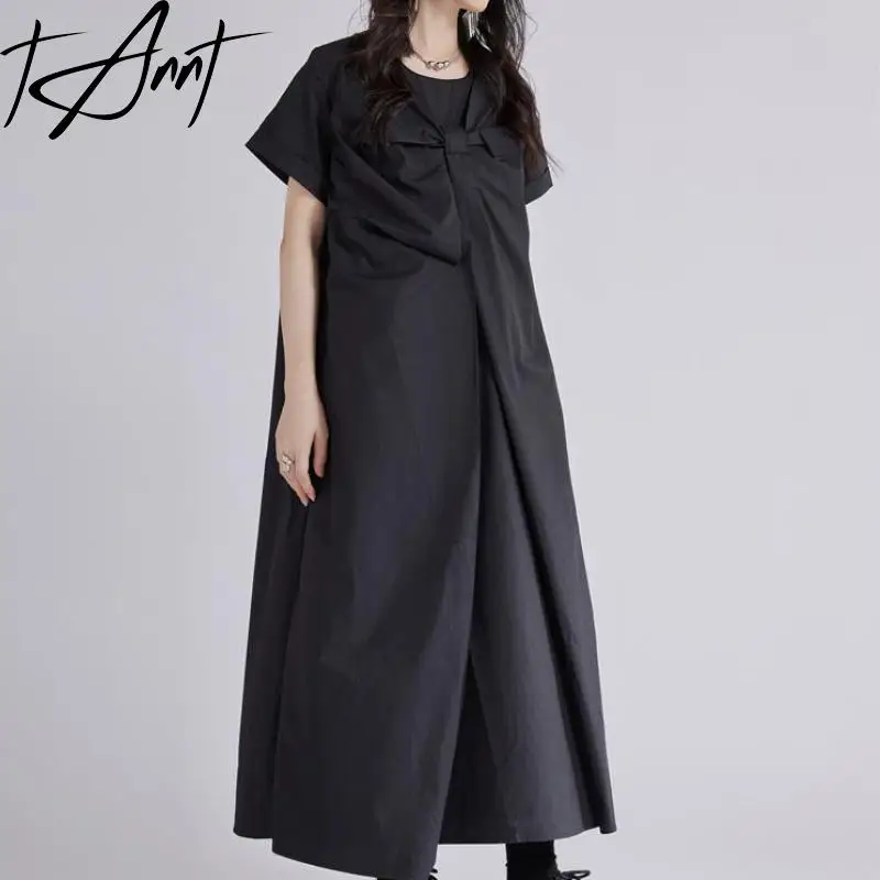 

Tannt Women Dress Short-sleeved Black Whit Shirt Dresses Fashion Casual Irregular Long Summer Shirts Long Dresses 2025 New