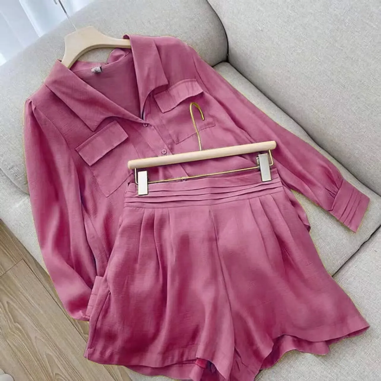 Spring Summer Solid Color Short Set Women Simple Casual Style Long Sleeve Shirts Shorts Two Piece Sets Temperament Lady Clothing