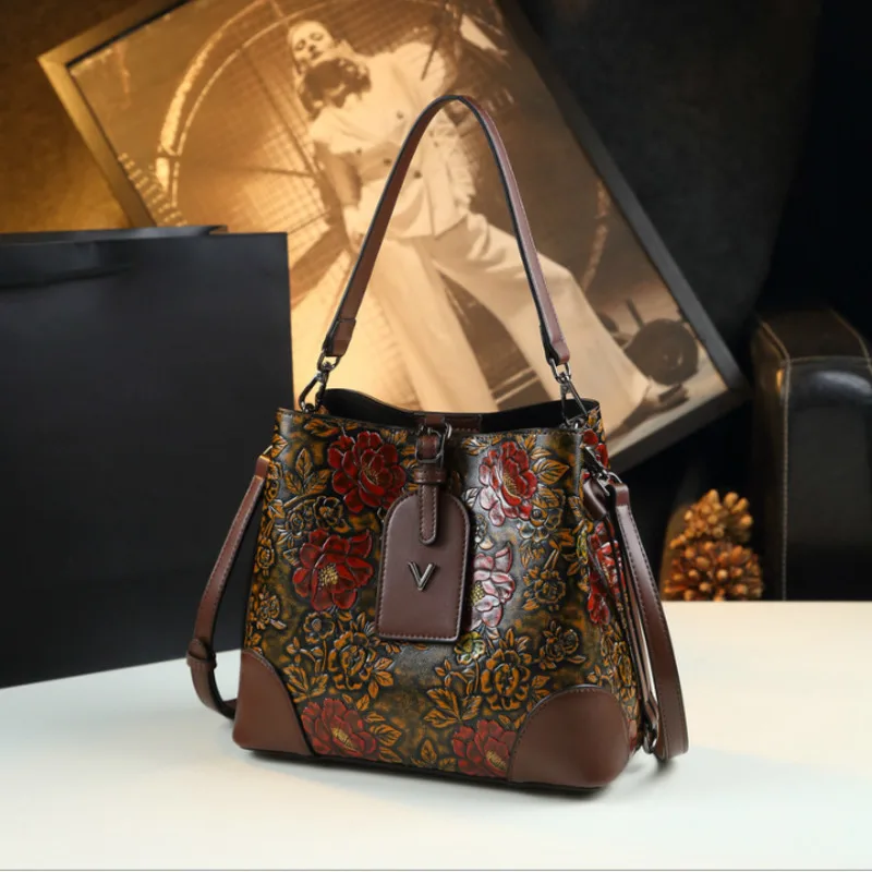 MOTAORA Vintage Women\'s Shoulder Bucket Bag New PU Leather Handbag Versatile Embossed Handmade Crossbody Bags Underarm Package