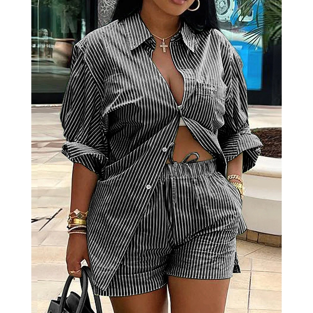 

Summer Casual Long Sleeve Blouse 2 Piece Set for Women Gingham Striped Print Shirt & Shorts Set Streetwer Y2k Suit Work Clothing