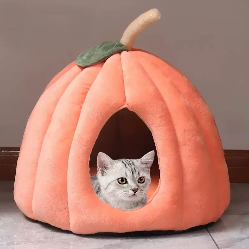 Sarang kucing Musim Dingin tertutup sepenuhnya, tempat tidur anjing hewan peliharaan hangat sepenuhnya bantal sekitar penuh tebal sarang labu bantal tempat tidur Halloween