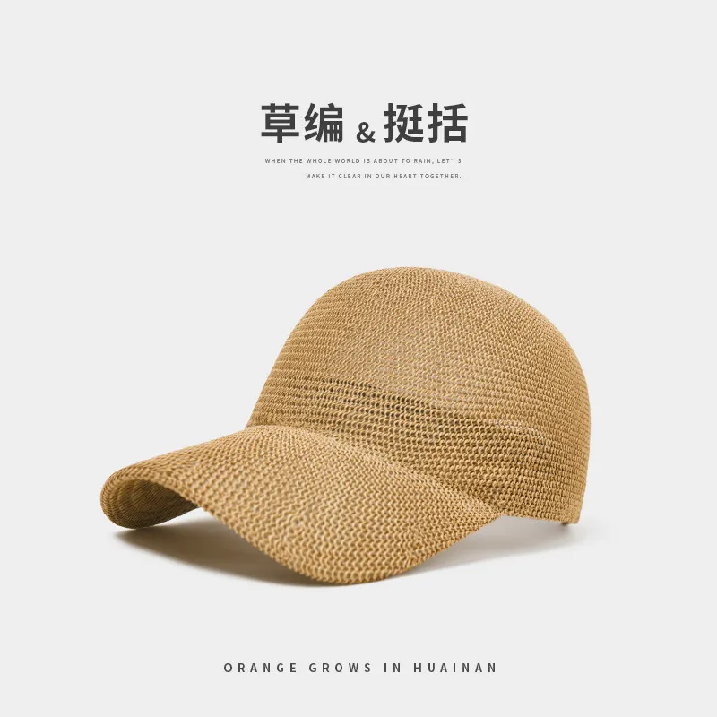 Straw Woven Wide Brim Baseball Cap Breathable Hollow Mesh Sun Protection Adjustable Deep Crown Dad Hat For Outdoor Sports Hiking