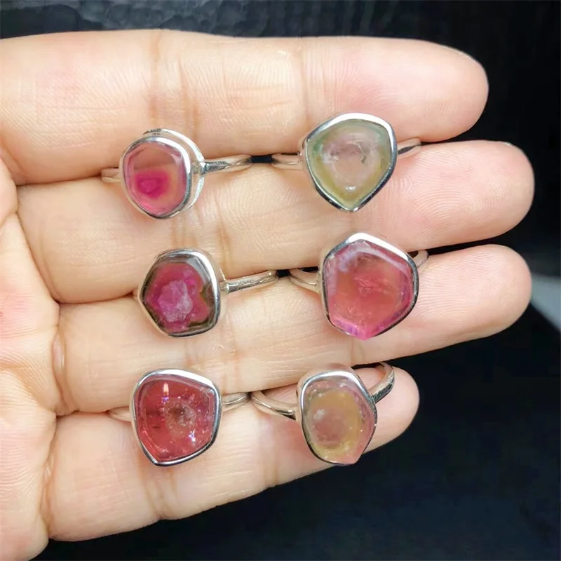 Natural Watermelon Tourmaline Rings Reiki Healing Adjustable Crystal Quartz Ring Party Gift for Women Fashion Jewelry 1pcs