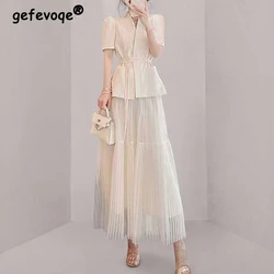 Two Piece Set for Women Summer Fashion Office Lady Lace Up Short Sleeve Luxury Outfit Fairy Elegant Chic Slim Pleated Maxi Skirt