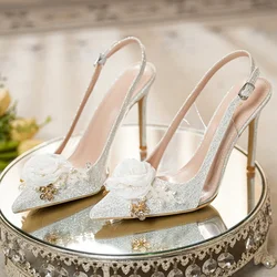 Flower Design High Heels Women Luxury Brand Wedding Shoes Shallow Fashion Slingback Dress Shoes 2025 Pointed Toe Sandals Female