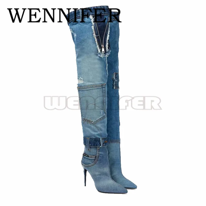 Blue Denim High Stiletto Heel Boots Pointed Toe Sexy Thigh High Heel Boots Ladies Night Club Party Over the Knee Botas De Mujer