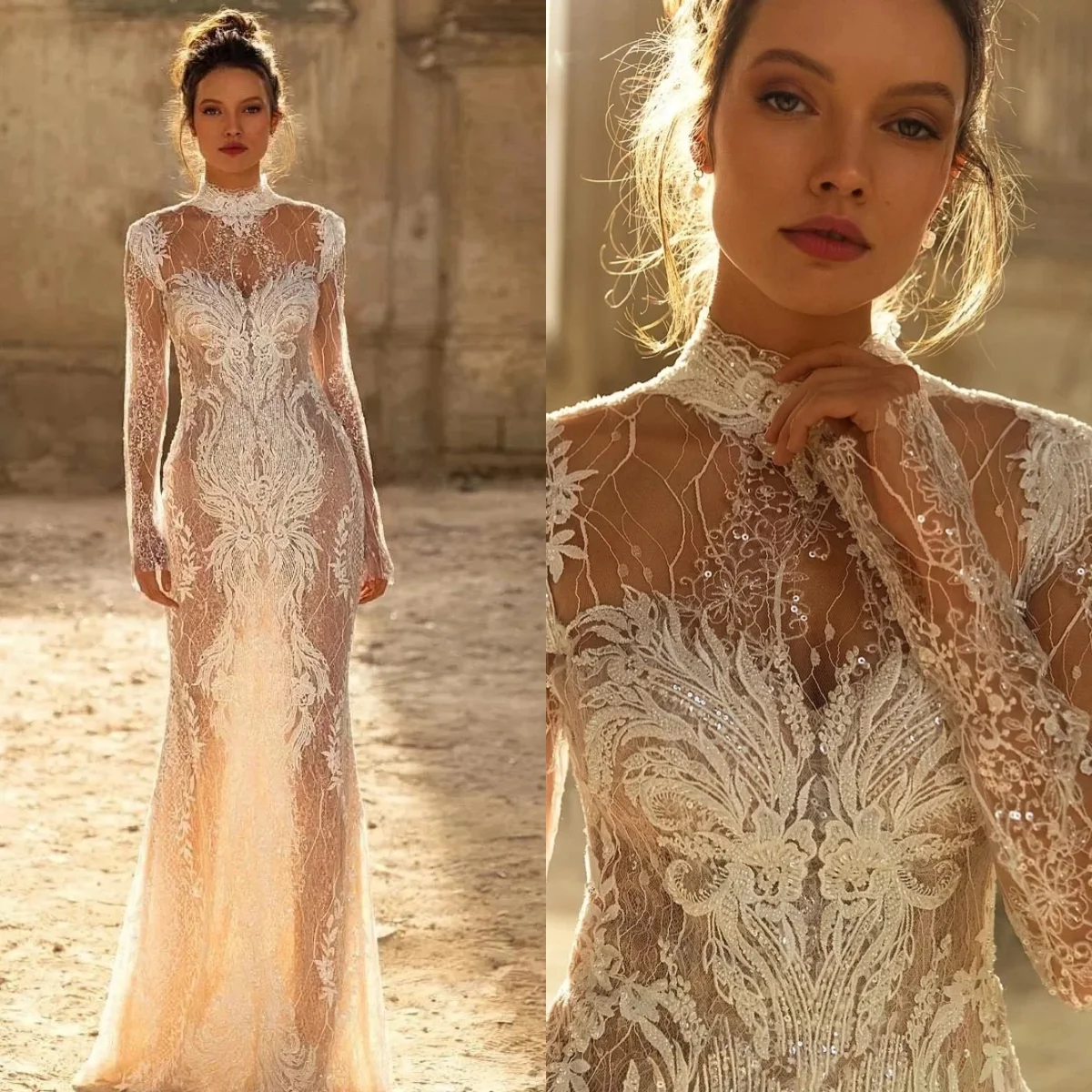 

Сексуальные свадебные платья русалки для женщин с высоким воротником и длинными рукавами, платье с блестками и аппликациями, платье со шлейфом по индивидуальному заказу, вечерние