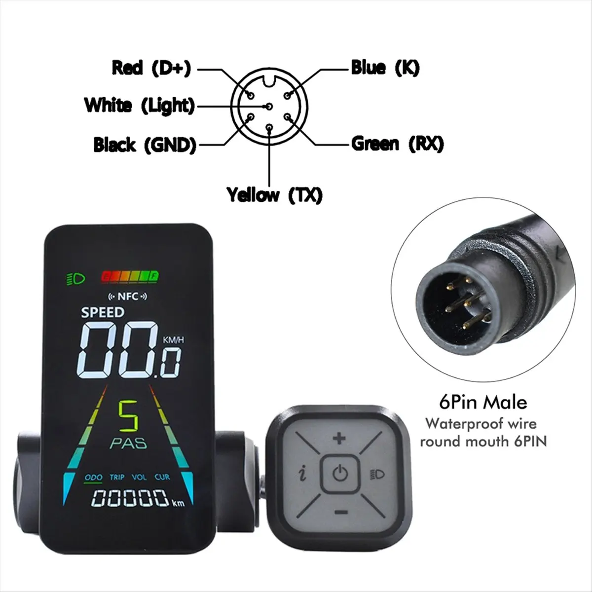 E-الدراجة NFC شاشة الكريستال السائل اللون الرسوم المتحركة متر 24 فولت/36 فولت/48 فولت/60 فولت UART عداد السرعة سكوتر كهربائي NFC LCD متر 6PIN #3