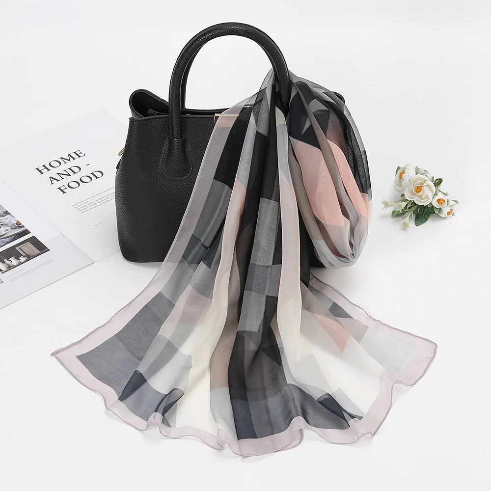 Summer New Chiffon Scarf For Women Colored Plaid Patchwork Sunscreen Scarves Soft Thin Foulard Viscose Autumn Female Wrap Shawls