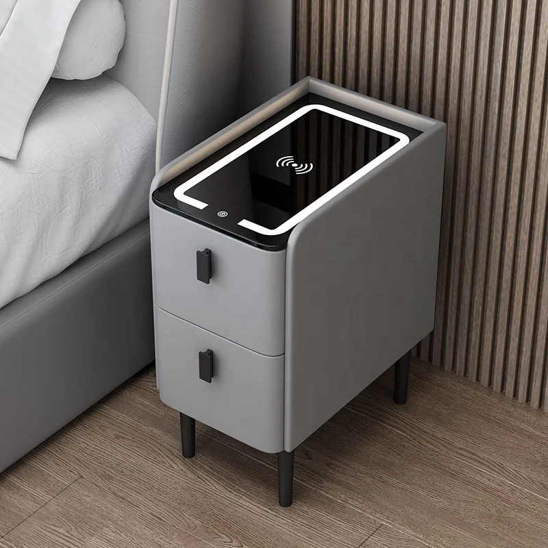 */-* Modern Hotel Home Furniture Compact Smart Bedside Table LED Lamp 3 Drawers Storage Cabinet Nightstand With Charging Station