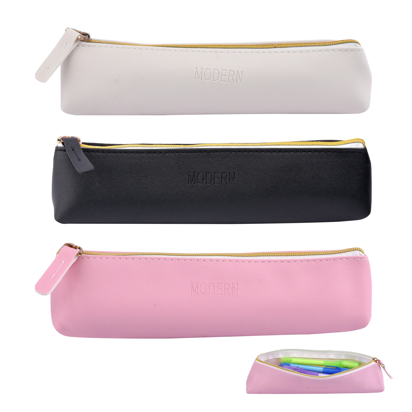 3ชิ้นกระเป๋านักเรียนโรงเรียนใส่ดินสอหนัง PU แบบพกพาความจุมากเครื่องเขียนกระเป๋าดินสอบางมีซิปอเนกประสงค์