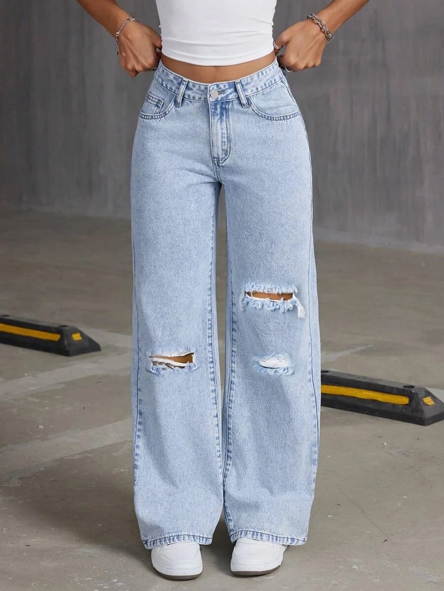Fashionable Ruffled Wide Leg Jeans High Waist Cotton Stretchy Summer New Arrival Women's Loose Fit Zipper Jeans Long Trousers