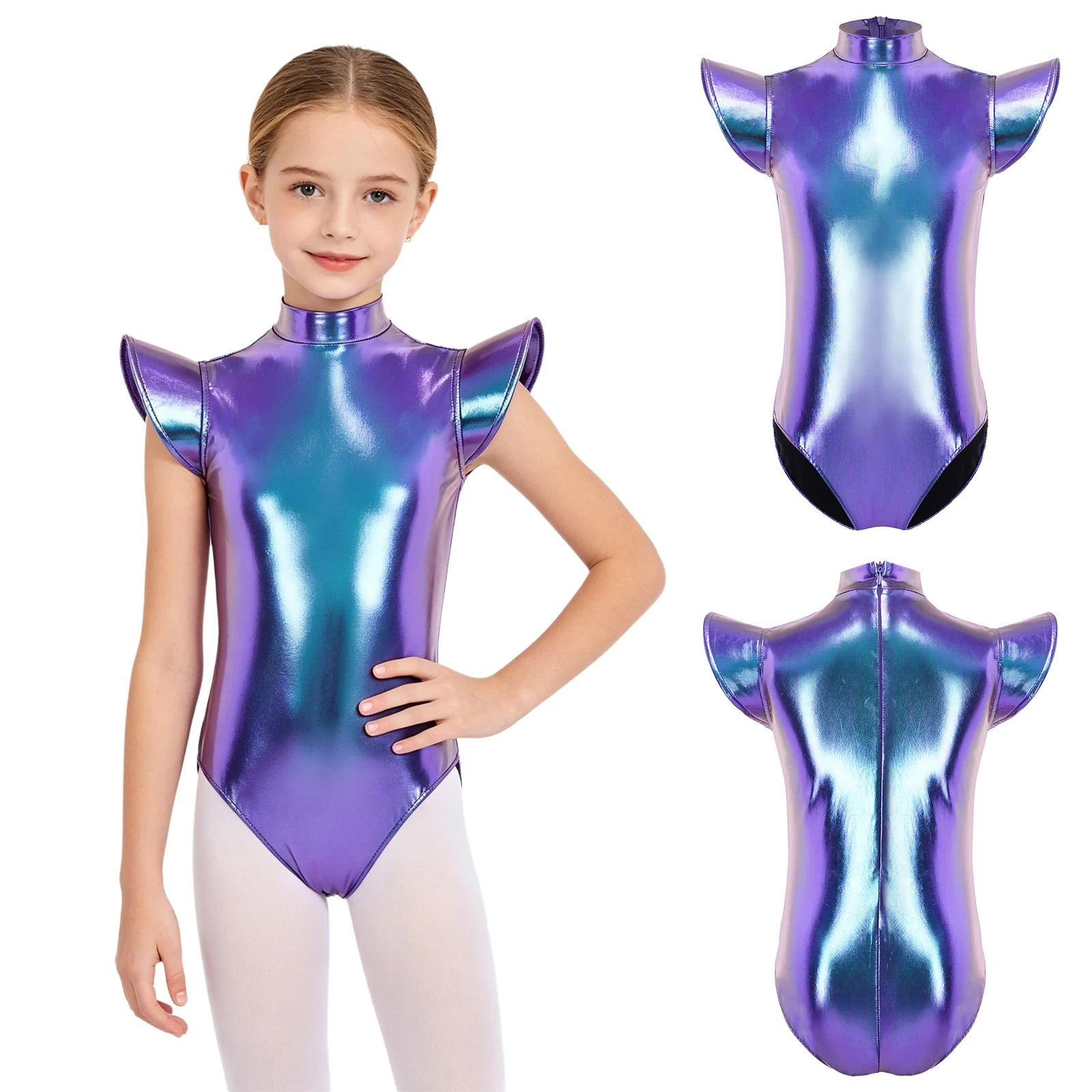 Children Girls Cap Sleeve Metallic Zipper Gymnastics Dance Leotard Bodysuit Alien Robot Space Cadet Astronaut Dress Up Bodysuit